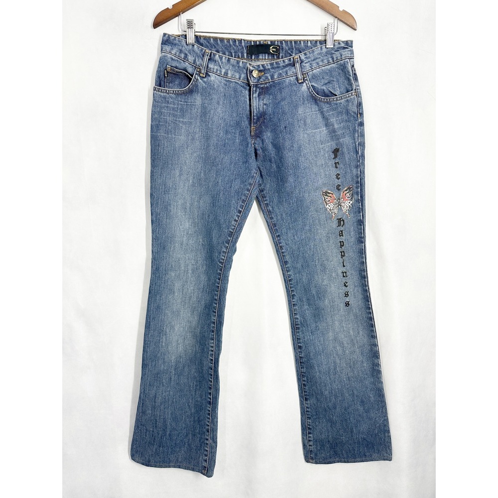 Y2K Just Cavalli Butterfly Free Happiness Mini Boot Leg Jeans IT 44 US Size 30